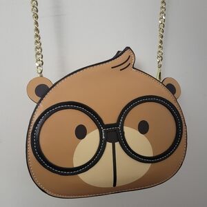Like New Cute Cream Bear Crossbody Bag - Tan Gold Chain